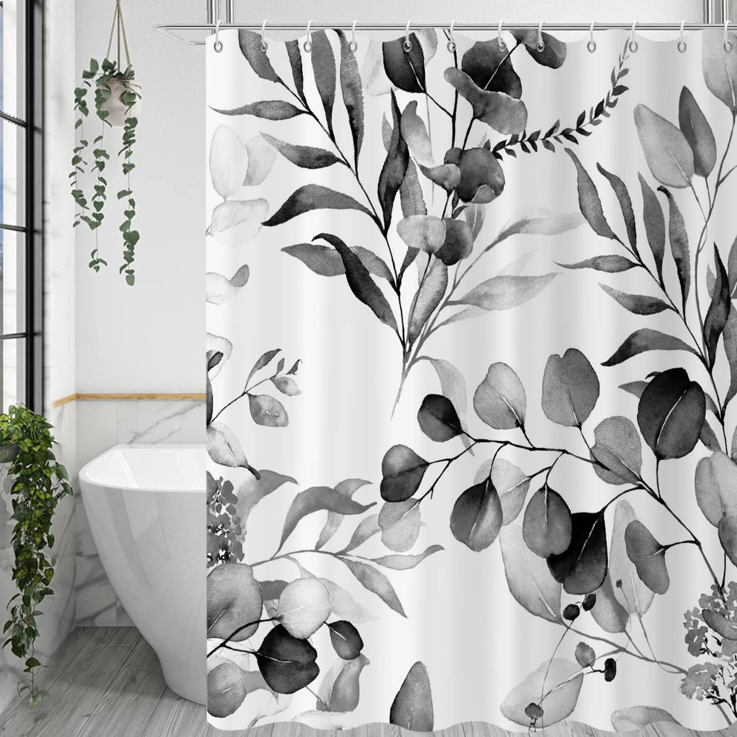 Black Eucalyptus Leaf Stall Shower Curtain, Black Botanical Watercolor Plants Bathroom Curtain Bathtub Home Decor Waterproof Fabric Machine Washable with 6PCS Hooks,36" Wx72 L