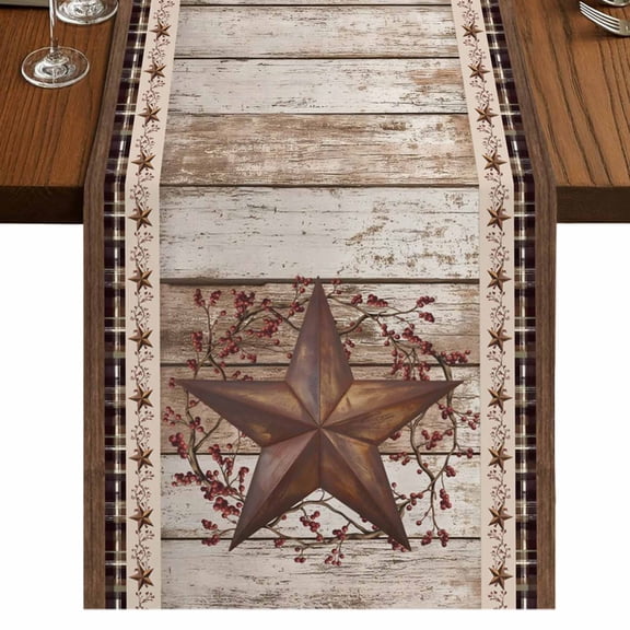 Table Runners 108 Inches Long Dress Scarves, Texas Star Vintage Farmhouse Coffee/Dining/Kitchen Table Runner for Living Room, Brown Retro Art Red Berry Wooden 13x108 Inch