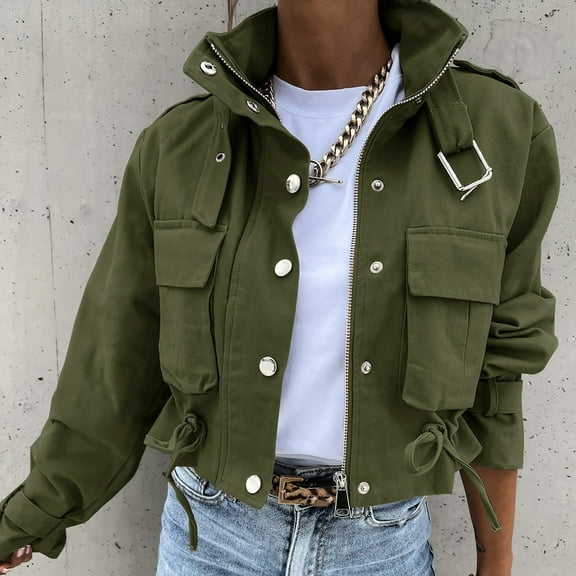ClodeEU Women Mock Neck Motorcycle Jacket for Women, Long Sleeve Zip Up Short Cropped Jacket with Pockets Army Green,Womens Plus M