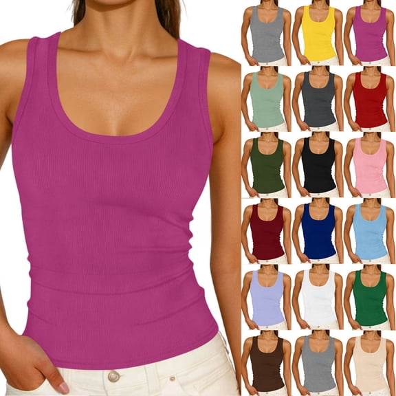ShomPort Womens Slim Tank Tops Square Neck Ribbed Stretchy Basic Sleeveless Shirts Casual Fitted Going Out Tops