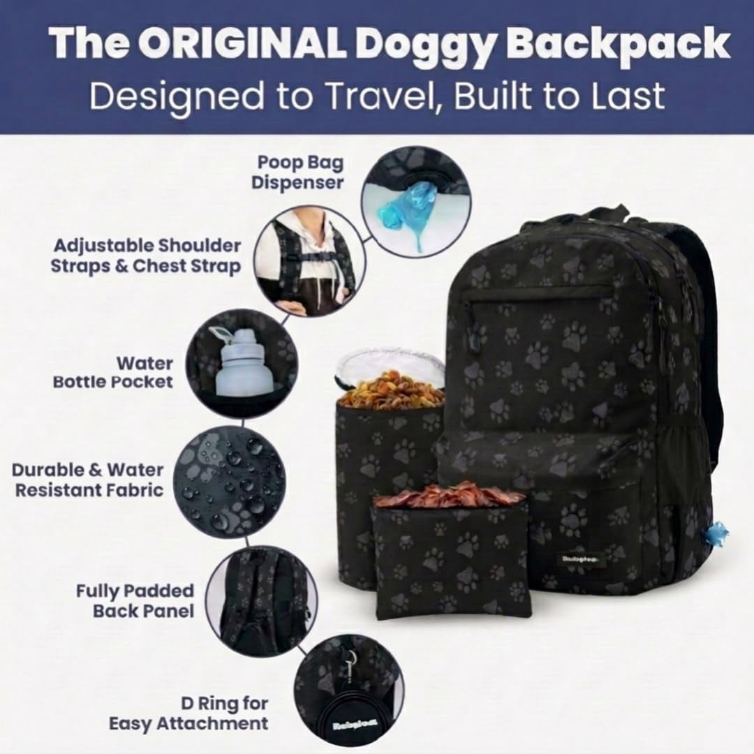 Dog Travel Bag for Supplies - Backpack with 2 Collapsible Dog Bowls, Food Bag, Treat Pouch: Black Paw Print