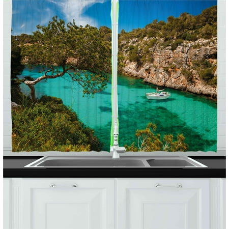 Spanish Style Window Treatments Nature Curtains 2 Panels Set, Small Yacht Floating in Sea Majorca Spain Rocky Hills Forest Trees Scenic View, Window Drapes for Living Room Bedroom, 55W X 39L Inches, Green Aqua Blue, by Ambesonne ()