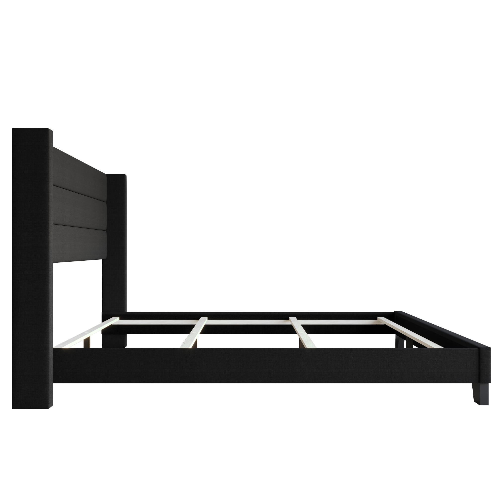 Home Design Niles King Upholstered Panel Bed Frame with Wingback Headboard and Foam-Padded Support, Black, Easy Assembly