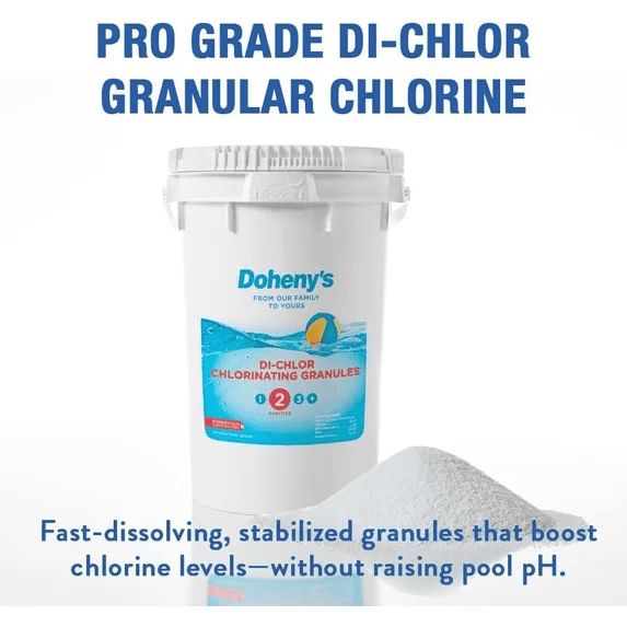 Doheny’s Di-Chlor Granular Chlorine, 10 lb Bucket, 56% Stabilized Chlorine, 99.5% Sodium Dichlor, Fast-Dissolving 3-in-1 Pool Sanitizer, Shock and Algaecide, Calcium-Free Formula