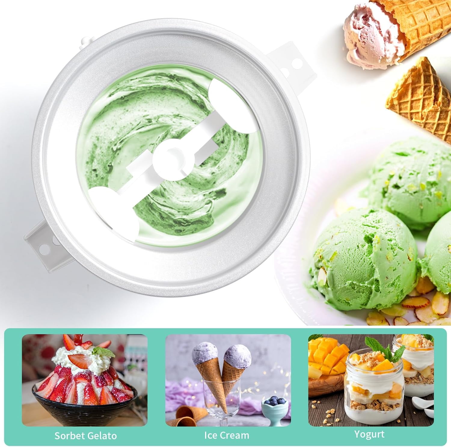 Ice Cream Attachment Compatible with KitchenAid 4.5/5/6/7QT Mixers,Makes 2 Quarts of Ice Cream,Compatible with KitchenAid Ice Cream Maker Attachment,Dishwasher safe(Not Fit 3.5QT Mixers)