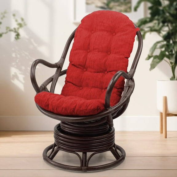 SK New Interiors Java Swivel Rocking Lounge Chair Natural Rattan Wicker w/Burgundy Cushion, Dark Brown