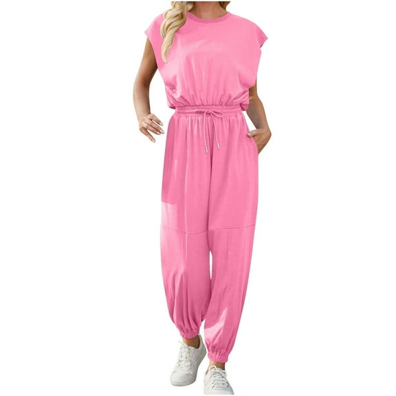 Lenpel Summer Jumpsuits for Women with Pockets Cap Sleeve Elastic Drawstring Waisted Overalls Loose Casual Rompers