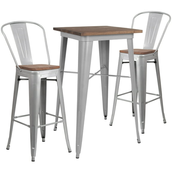 Flash Furniture 23.5" Square Silver Metal Bar Table Set with Wood Top and 2 Stools