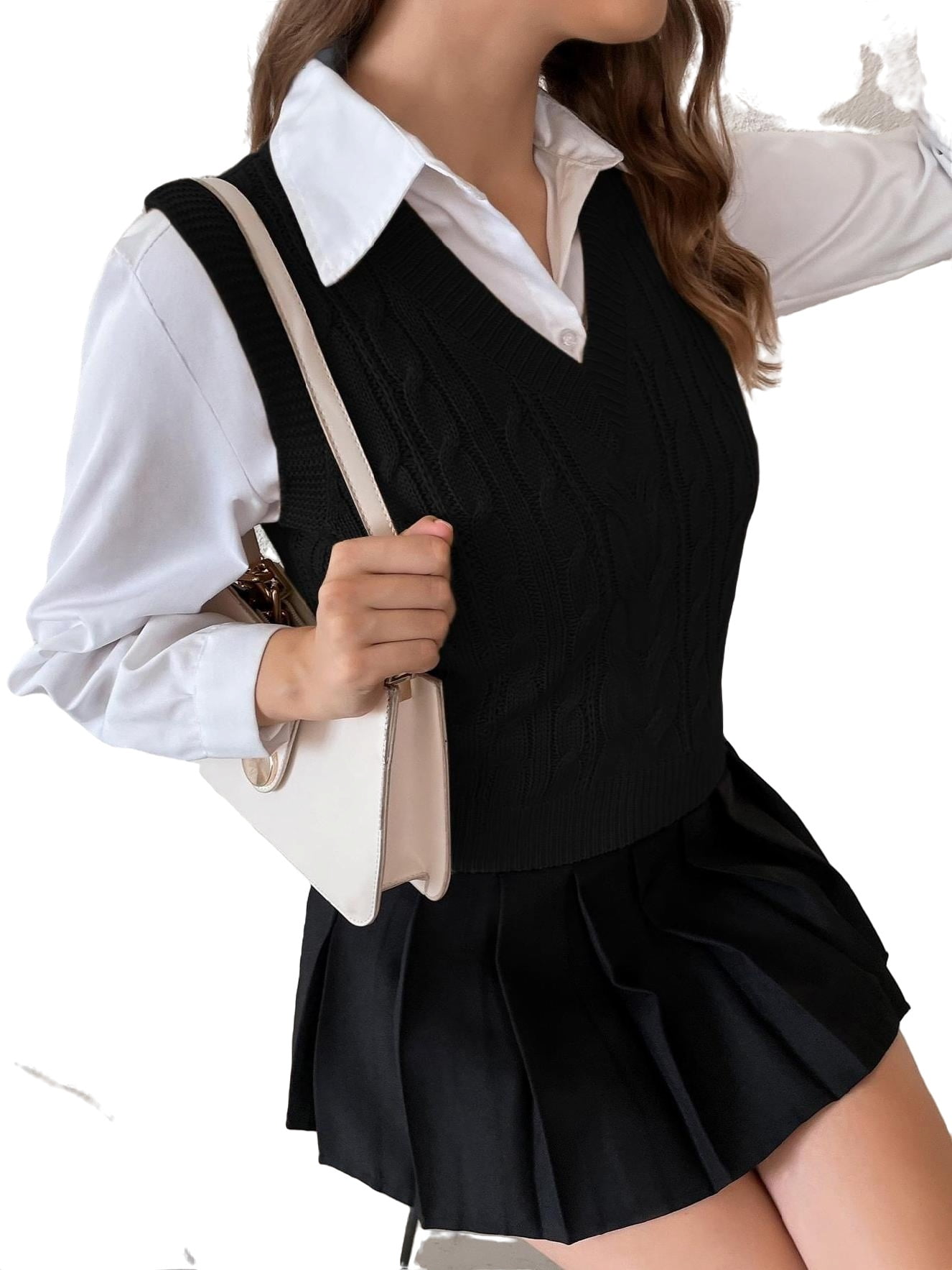 Womens Sweater Vests Casual Plain V neck Black L