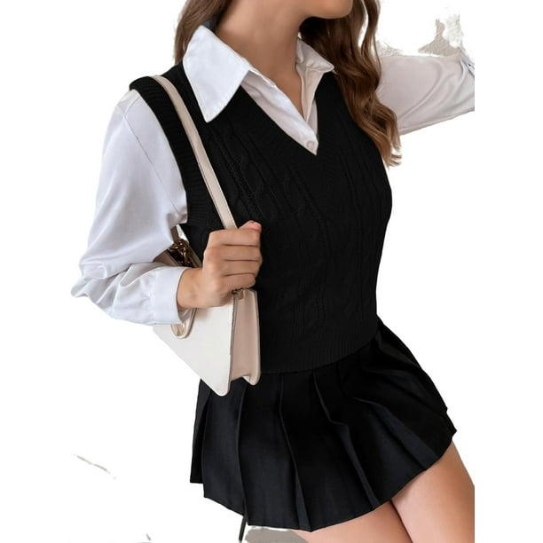 Womens Sweater Vests Casual Plain V neck Black L