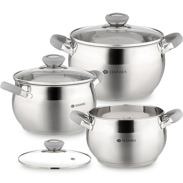 Juego de utensilios de cocina de inducción de cocina de acero inoxidable moderno Daniks | 6 piezas | Ollas aptas para lavavajillas | 2 cuartos + 3 cuartos + 4 cuartos | Asas resistentes al calor | Pla
