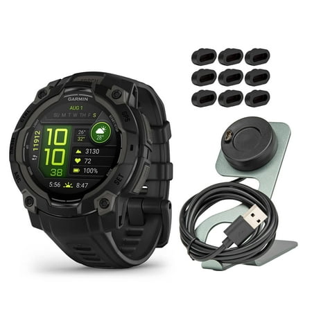 Garmin Instinct 3 45mm AMOLED GPS Smartwatch (Black) Bundle with Focus Camera Portable Charger Stand and Focus Charger Port Protectors (9-Pack) (3 Items)
