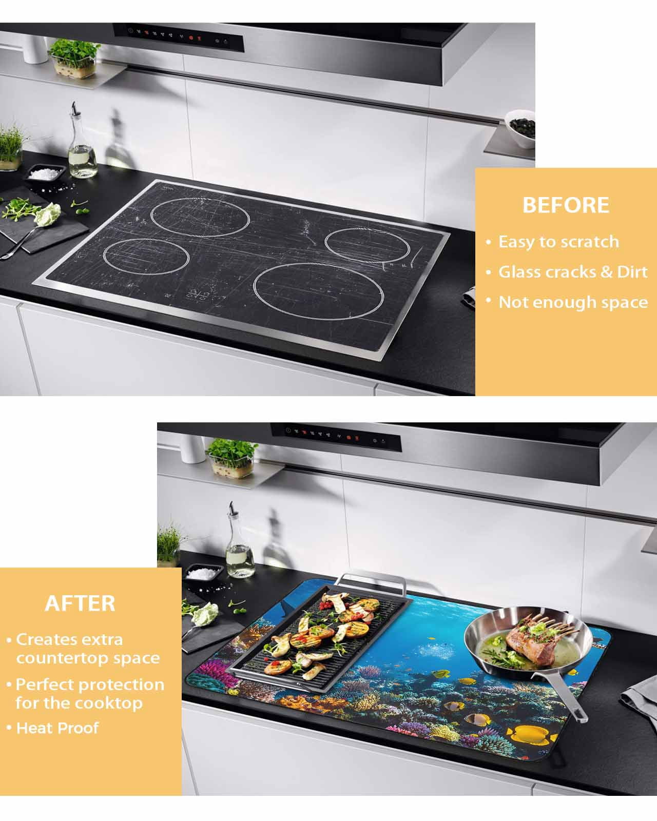 nqOlkjepod Large Induction Cooktop Protector Mat 36"x21", Turtle Stove Top Covers for Electric Stove, Blue Ocean Sea Shark Coral Cartoon Fish Summer Stove Burner Cover Mats, Glass Top Stove Cover