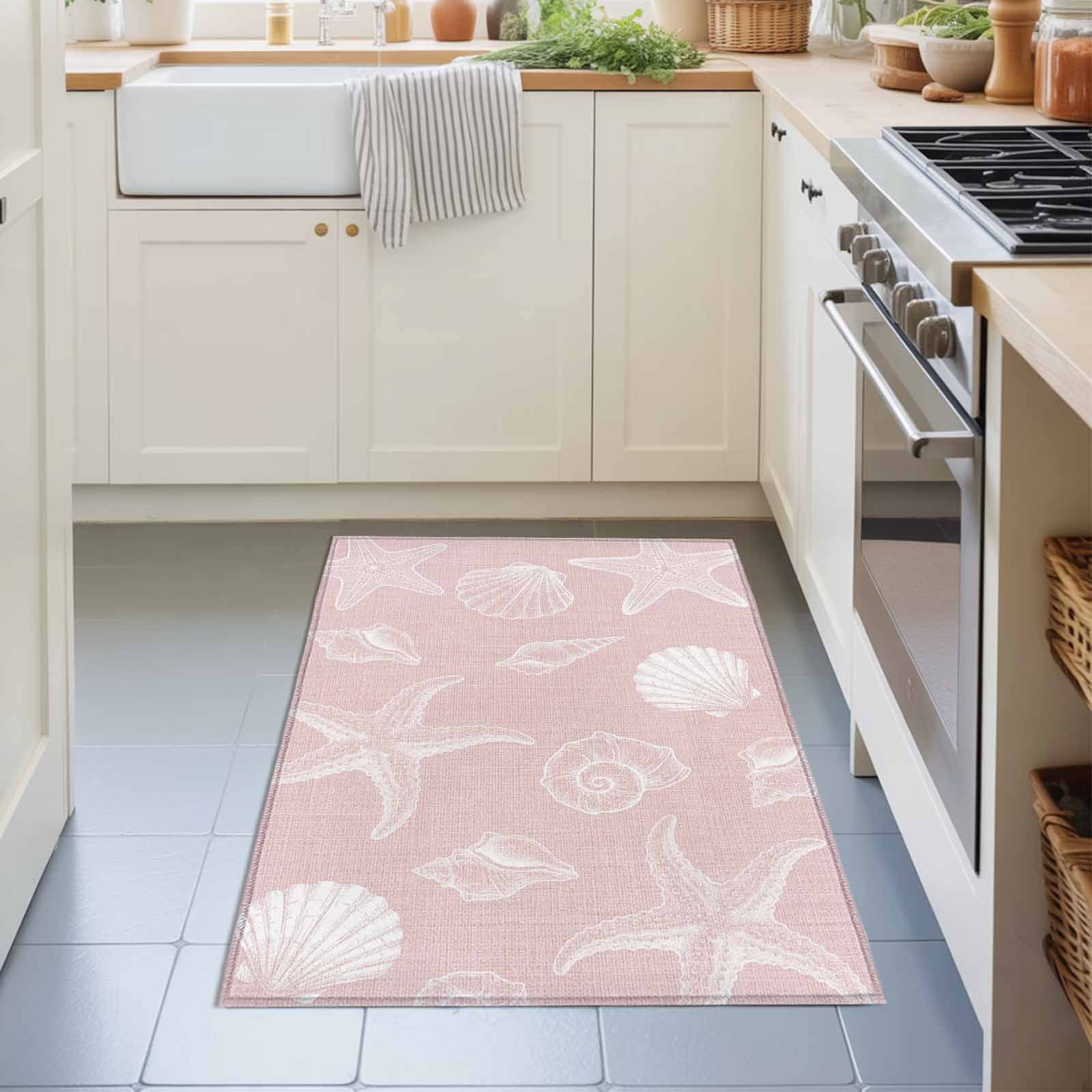 Entryway Rug 2'x3', Marine Life Kitchen Runner Rugs Non-Slip Carpet Mats, Summer Ocean Starfish Conch Seashell Pink Bedside Rugs Runners Washable Floor Carpet for Bathroom Laundry Room