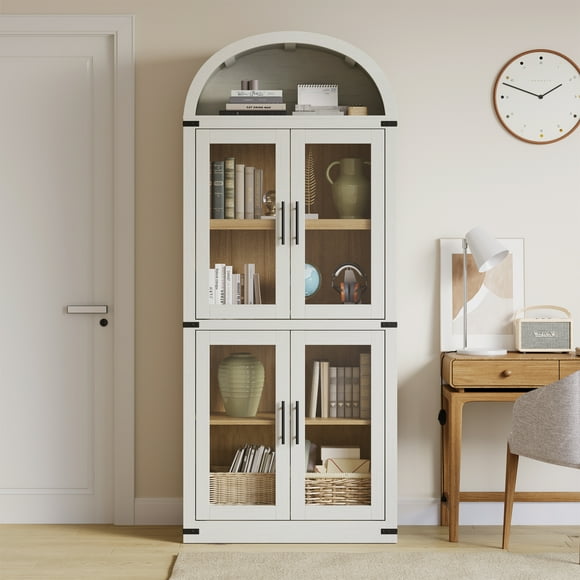 White Arched Door Bookcase with Drawers, 71.4" Tall & 15.83" Deep Farmhouse Display Cabinet and Storage, for Living Room, Kitchen, or Office