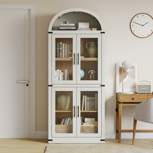 BeesClover Bibliothèque Arquée à 6 Tablettes avec Portes en Verre, Armoire d'Exposition Moderne en Bois avec Tablettes de Rangement pour Livres, Décor et Objets de Collection