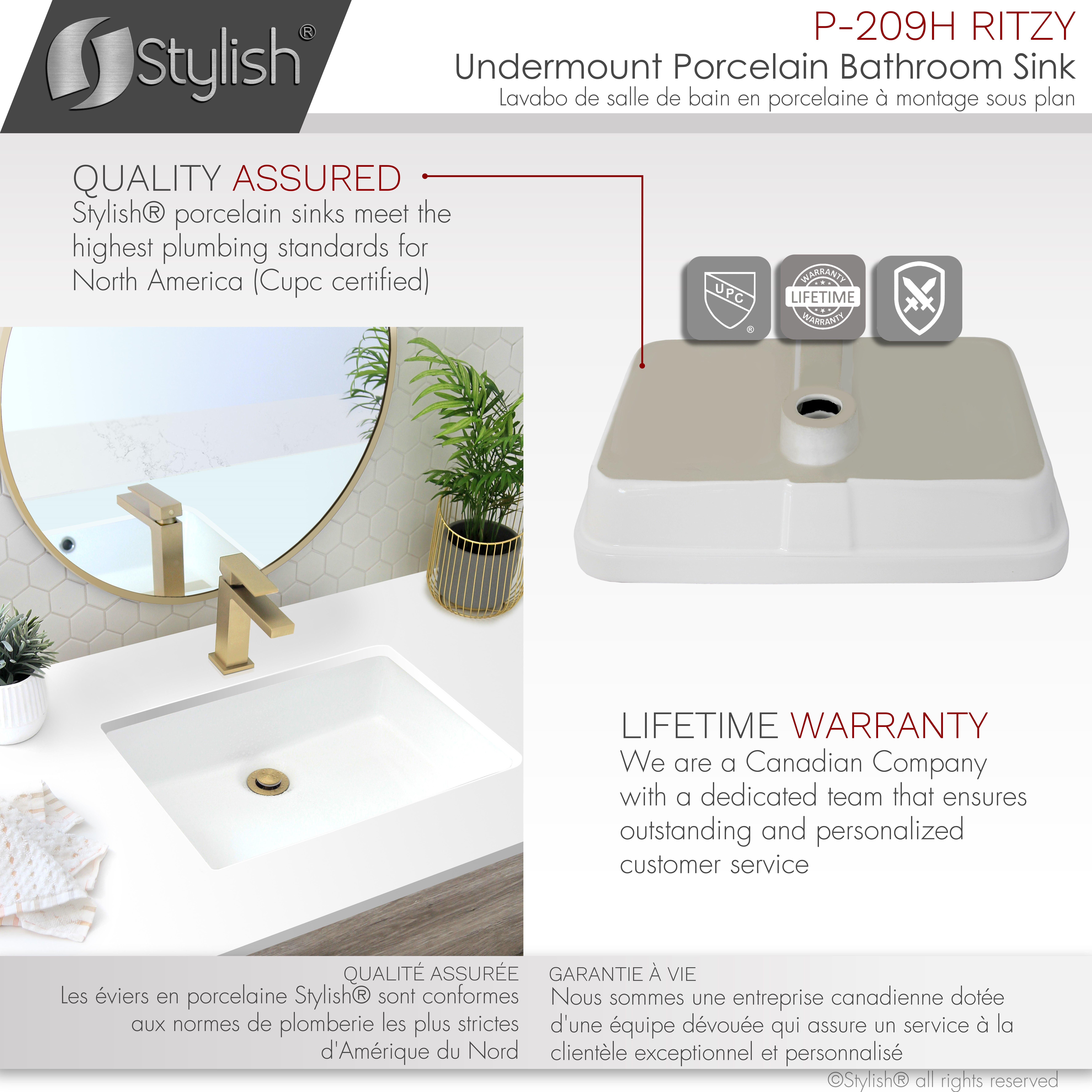 Stylish Undermount 20.37" W x 14.25" D White Rectangular Porcelain Bathroom Sink with 2 overflow rings P-209H