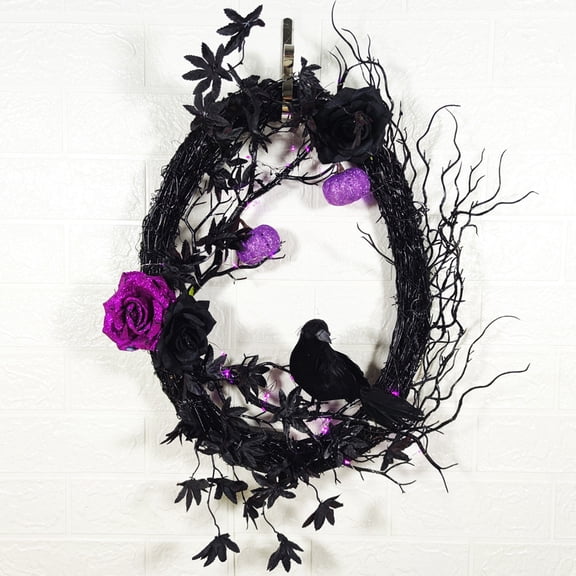 Black Halloween Wreath-18 Inch Black Crow LED Halloween Wreath,Black Wreath with Silk Rose Feathered Crow Devil Fruit,Halloween Black Twig Vine Wreath for Front Door Porch Wall Window Decor