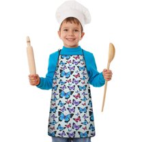 Lightblue Butterfly Pattern Kids Aprons for Girls and Boys,Adjustable Neck Strap Toddler Aprons for Kids Cooking Baking