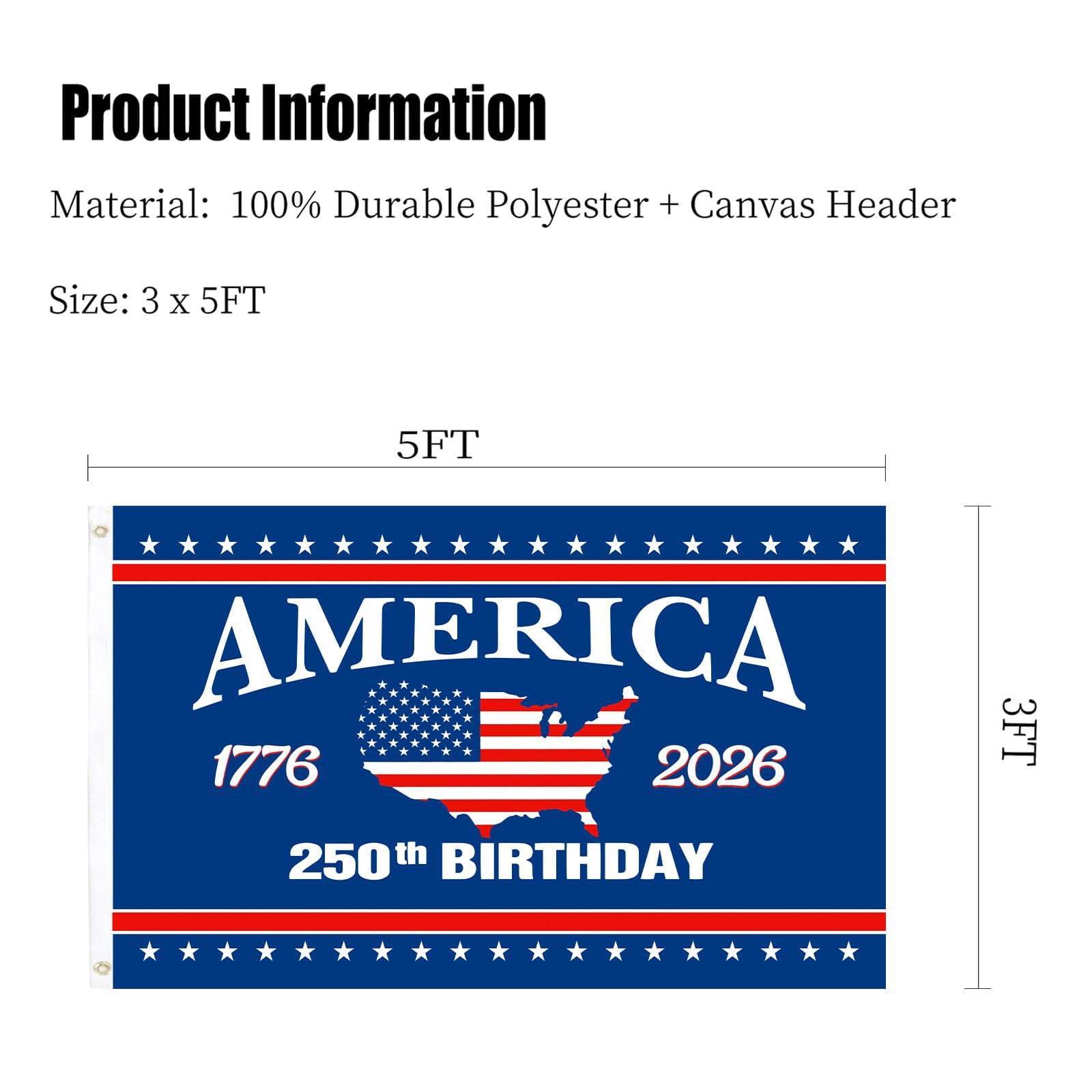 250 Anniversary USA Flag Double Sided 3 Ply 250th Year American Anniversary Flags 3x5 Ft Outdoor Heavy Duty 1776-2026 Merchandise Banner with Durable Canvas Header Brass Grommets