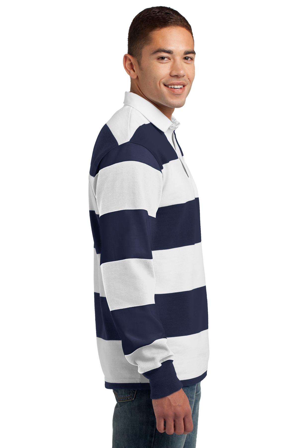 Sport Tek Adult Male Men Stripe Long Sleeves Rugby Polo True Navy/Wht Large - image 3 of 6