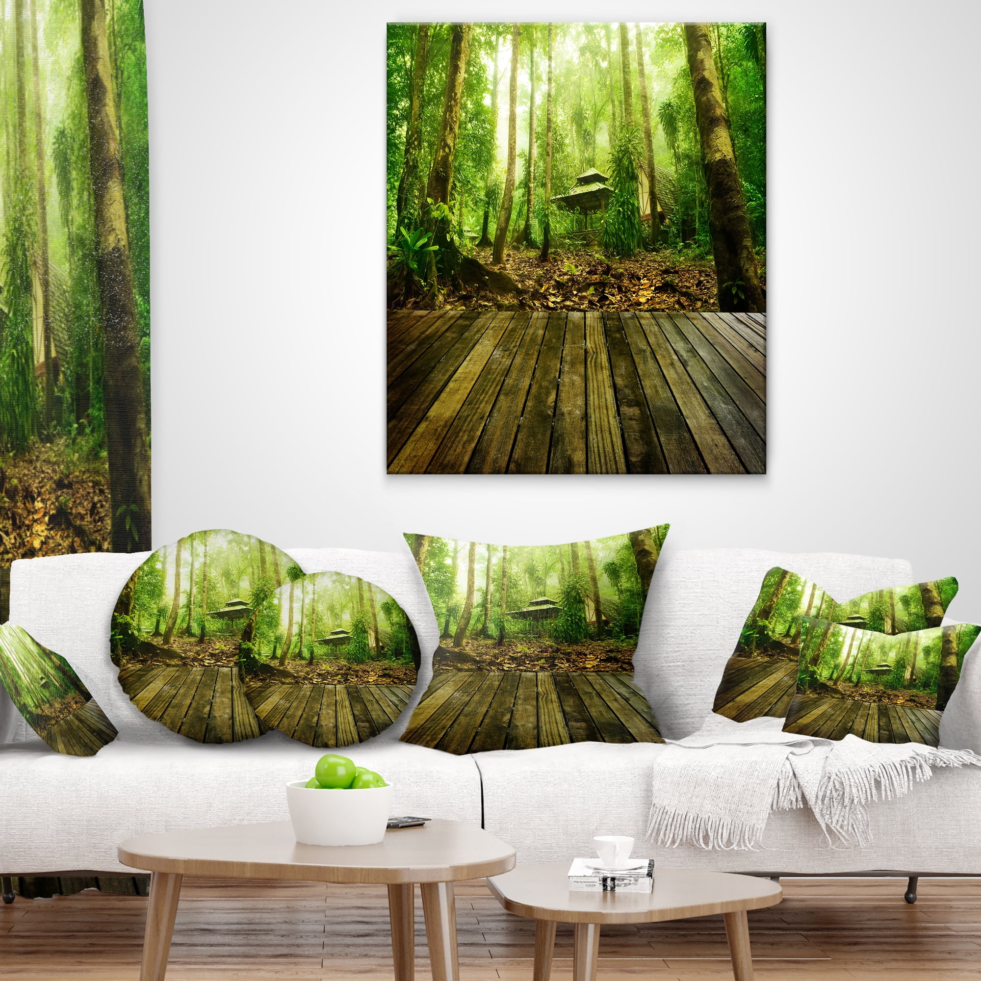 Designart Wooden Platform in Green Forest - Landscape Photography Throw Pillow - 18x18