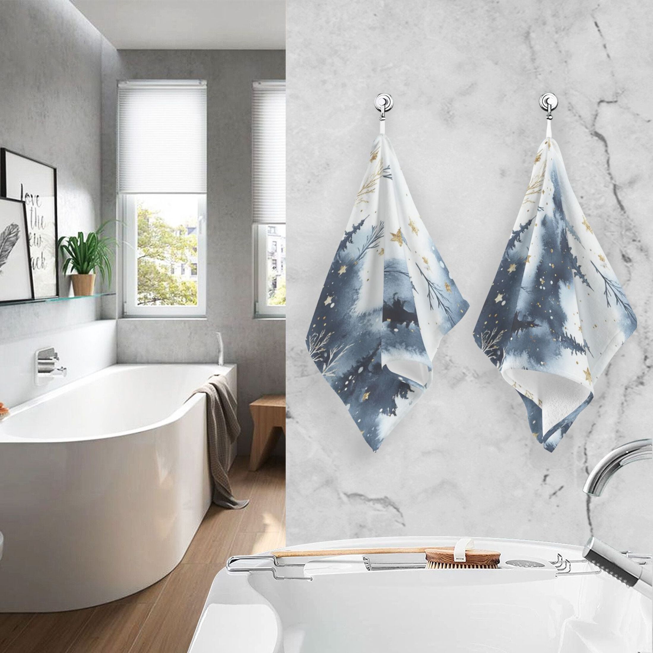 2 Pcs Absorbent Face Towel Bath Hand Towels Soft Breathable Cotton Towel Set for Bathroom Kitchen Hotel Spa Decor Watercolor Winter Wonderland Pattern