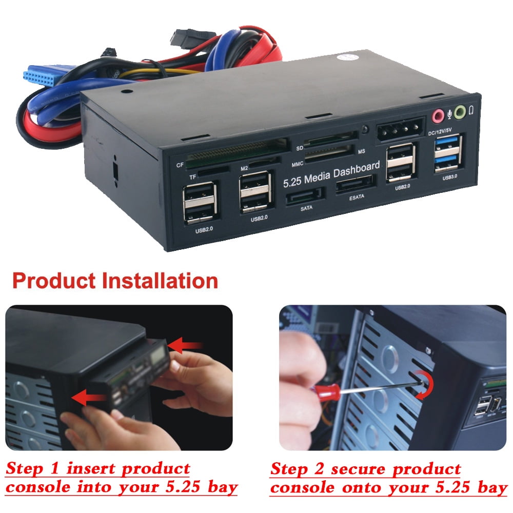 5.25" Internal SATA e-SATA Dual USB 3.0 Hub Six USB 2.0 Five-in-one Card Reader Multifunctional PC Dashboard Media Front Panel Audio for SD MS CF TF M2 MMC Memory Cards Fits