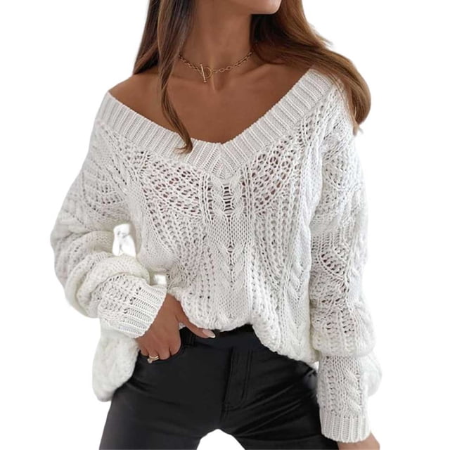 Sonducket Suéter de mujer con cuello en V, manga larga, suéter hueco suelto, ropa de Color sólido, Tops casuales elegantes a la moda para exteriores Prendas para la parte del cuerpo SG Sonducket AP015444-04