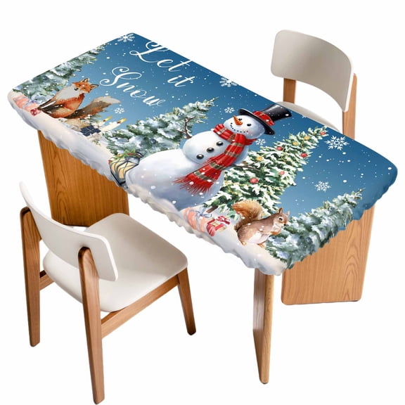 Dark Blue Snowman Christmas Table Cloths for 4 Foot Rectangle Tables, Xmas Tree Snowflake Gifts Patio Waterproof Elastic Fitted Tablecloths, Washable Rectangular Table Cover for Camping