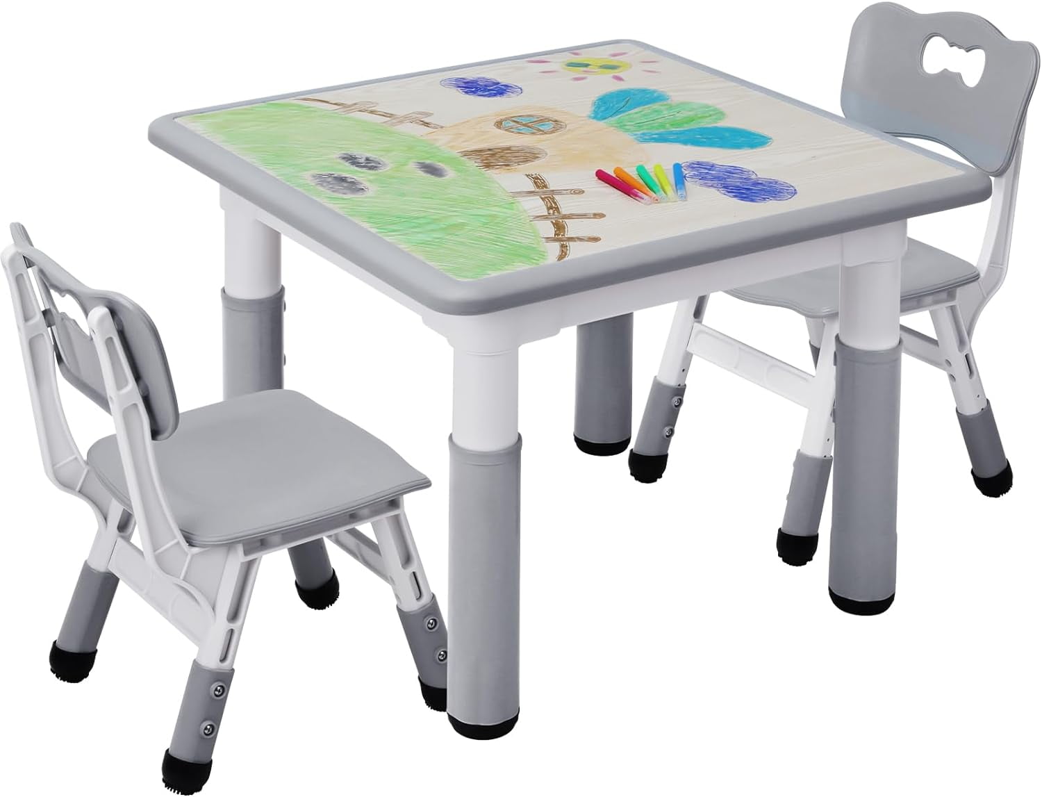 Arlopu 5 Pcs Kids Table and Chairs Set,  Height Adjustable, Toddlers Activity Table & 4 Chairs Set for Study, Grey