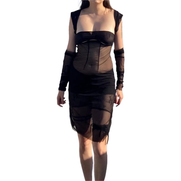 VISgogo Vestido de mujer, correa de malla transparente de color sólido de cintura alta vestidos ajustados + un par de mangas VISgogo moda