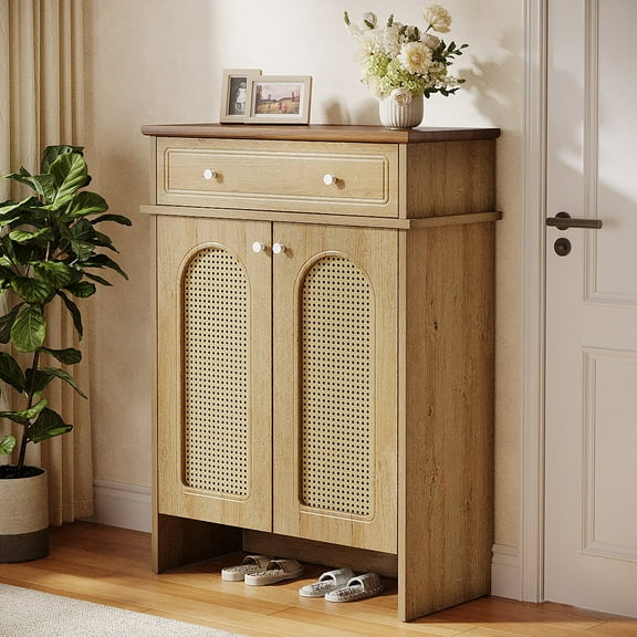 Finmind 6-Tier Shoe Cabinet with Doors, 43.3 Inch Tall Shoe Rack with Drawer and Adjustable Shelves for Entryway, Hallway, Bedroom (Natural & Walnut)