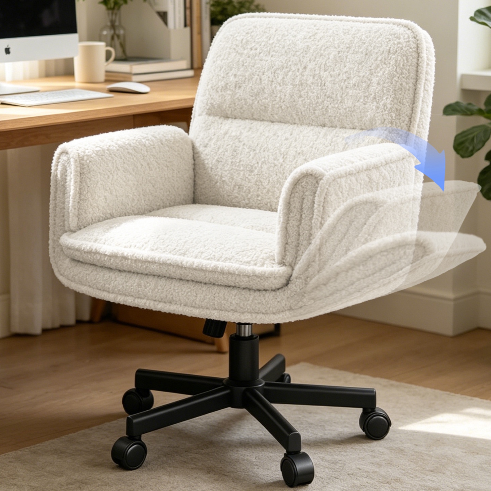 Patbrela Office Chair Teddy Plush Ergonomic Criss Cross Office Chair with Adjustable Armrests, Swivel Vanity Chair Comfy Computer Desk Chairs, Beige