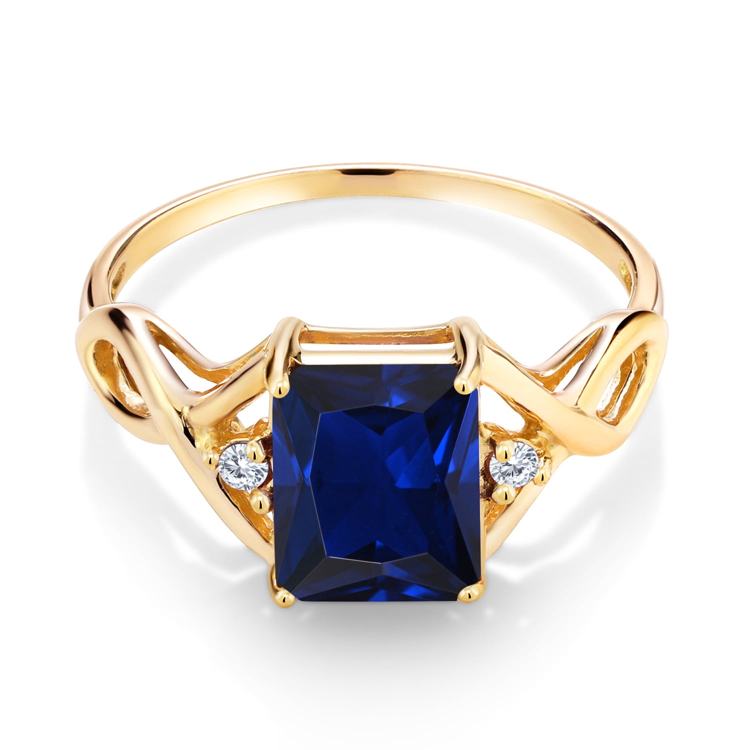 3-Stone Ring for Women | 18K Yellow Gold Plated Silver | 9X7MM Emerald Cut Gemstone Birthstone & Lab Grown Diamond | Wedding Anniversary Engagement Ring | Size 5-9 | Created Sapphire| 8
