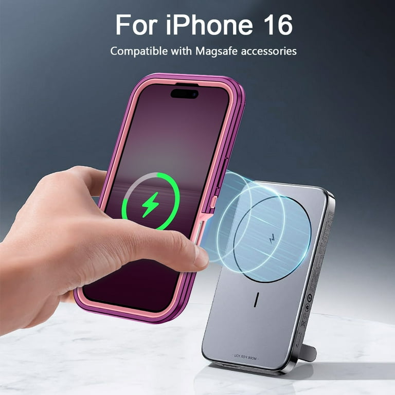 Petocase For IPhone 16 6.1 Inch Case,Compatible With MagSafe,Heavy Duty Three-Layer Rugged Protection Shockproof Protective Tough Phone Magnetic Cover,Rose Purple/Pink