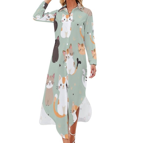 Cute Cat Pattern Design Chiffon Dress V Neck Dresses Women Casual Dress