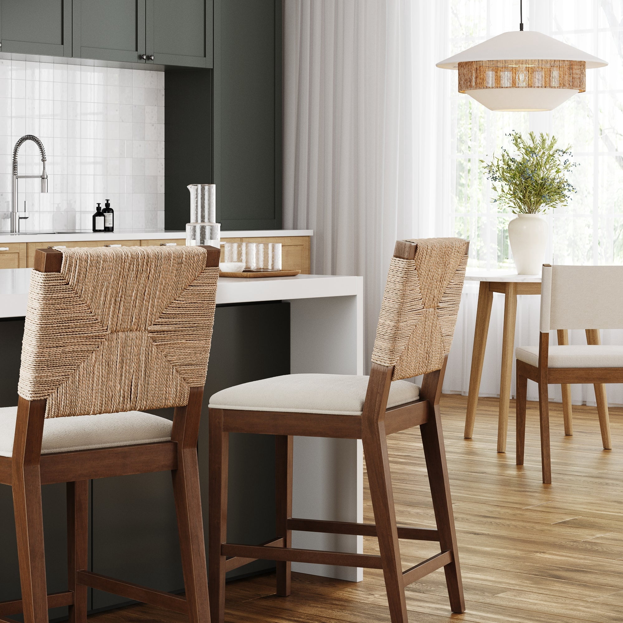 Nathan James Beacon Bohemian Boucle Bar Stool, Upholstered Bar Stool or Island Chairs for Kitchen, Seagrass Counter Height Stool with Back and Solid Wood Legs, Cream Boucle/Dark Brown, Set of 2