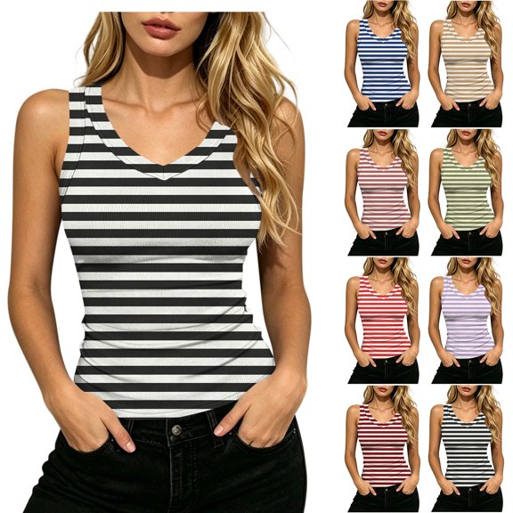Admvng Women's Striped Ribbed Tank Top V Neck Slim Fit Stretch Sleeveless Casual Summer Camisole Blouse