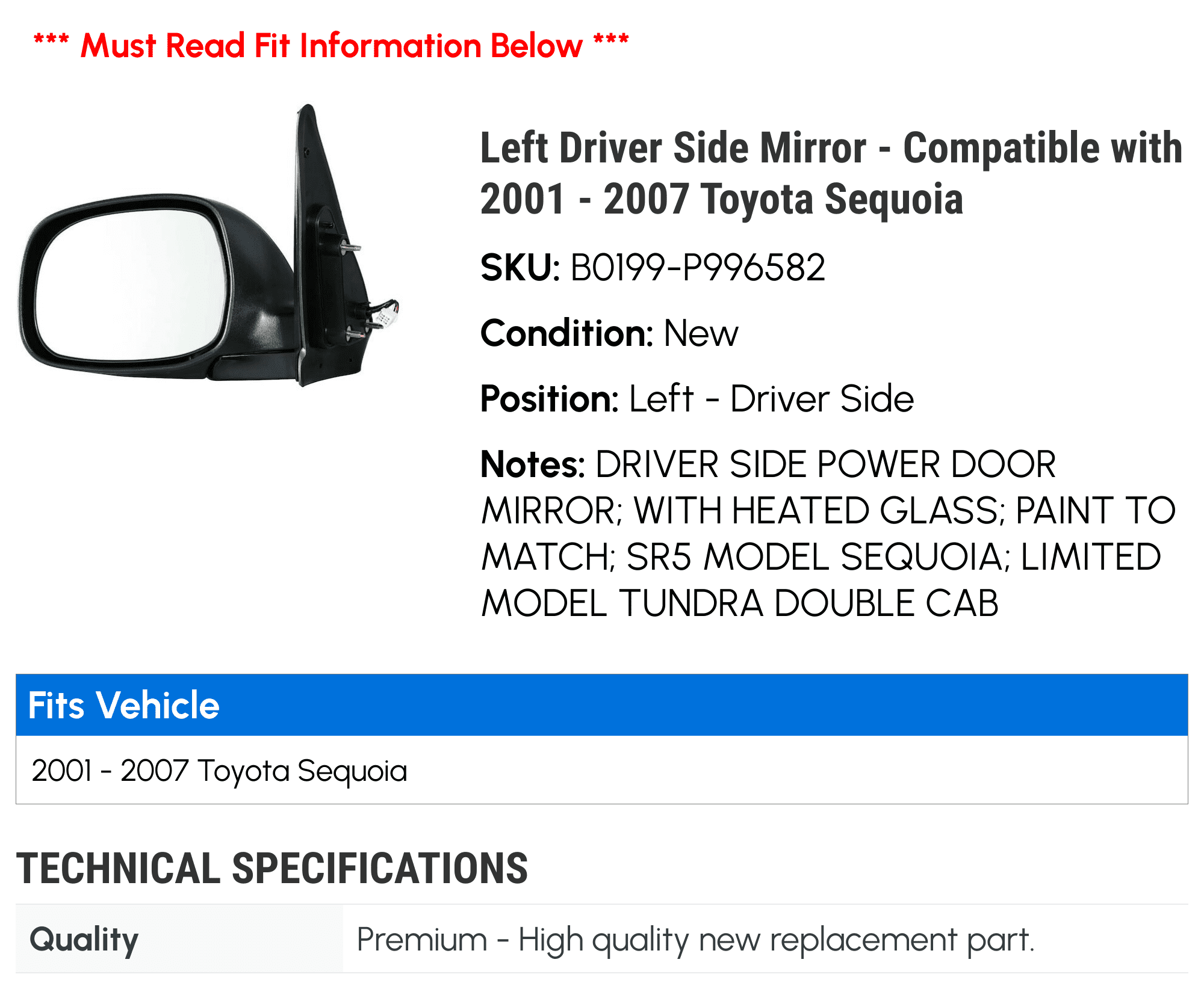 Left Driver Side Mirror - Compatible with 2001 - 2007 Toyota Sequoia 2002 2003 2004 2005 2006