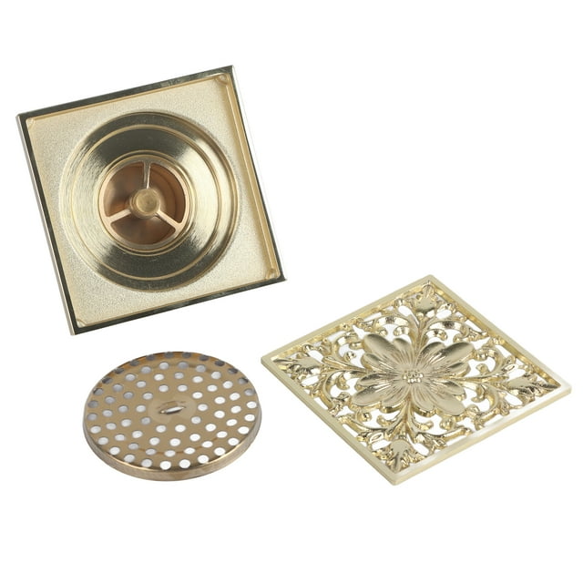 Desagüe de suelo cuadrado de latón antiguo con colador. Accesorios de baño y limpieza.