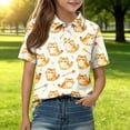 thumbnail image 2 of Domzest Girls Polo Shirt Short Sleeve Animal Print Casual Summer Top Kids Back To School Uniform Cotton Blend Button Down Collar Youth Tee Blouse Age 4-12 Elementary Fashion Outfit Beige 3-4 Years, 2 of 5