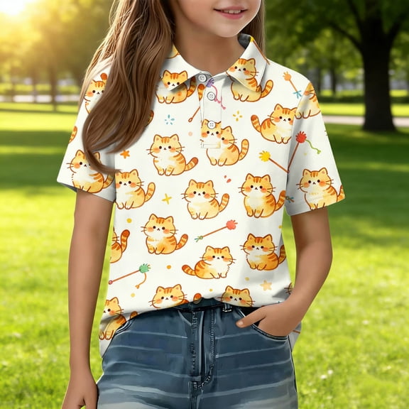 Girls Polo Shirt Short Sleeve Henley Cute Cartoon Animal Print T Shirts Button Closure Causal Comfy School Uniform, 120