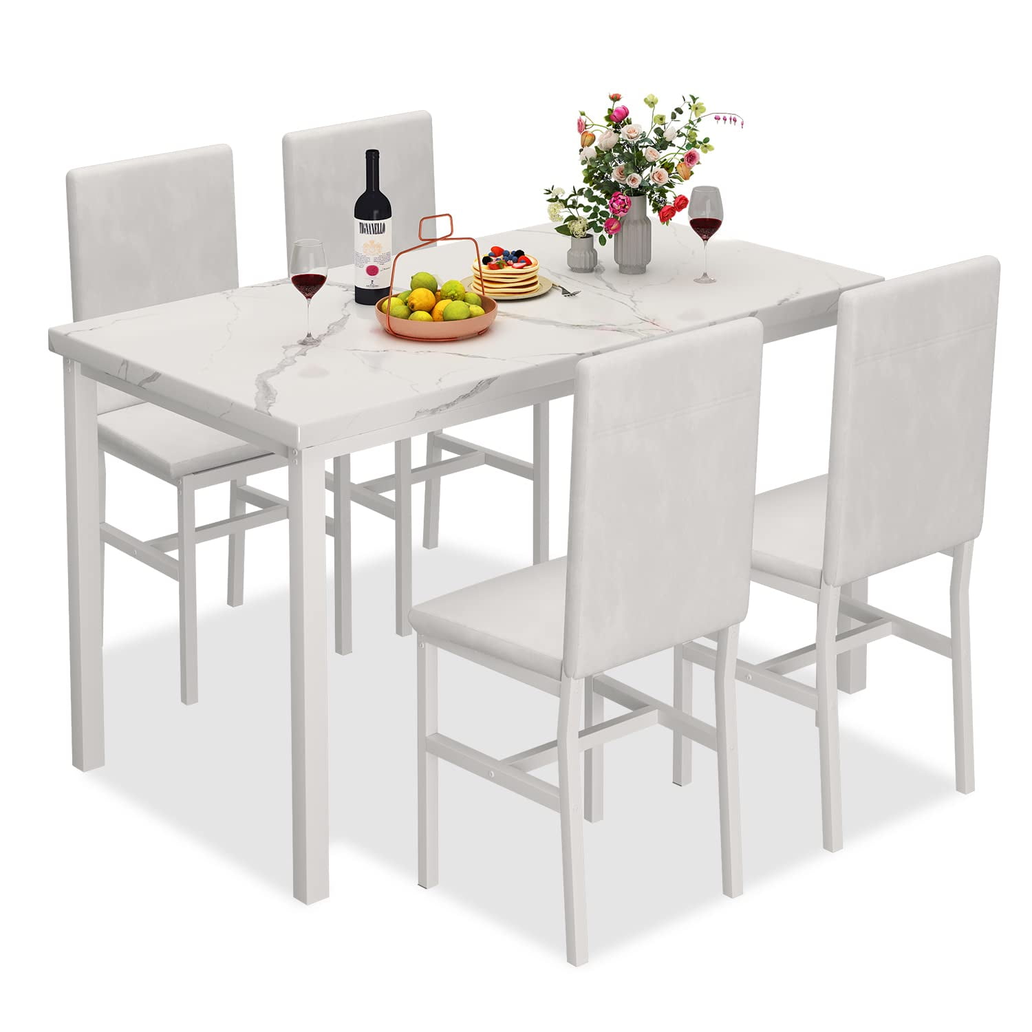 LinkRomat Dining Table Set for 4, Faux Marble Kitchen Table Set with 4 Leather Upholstered Chairs, 5 Piece Modern Dinette for Dining Room