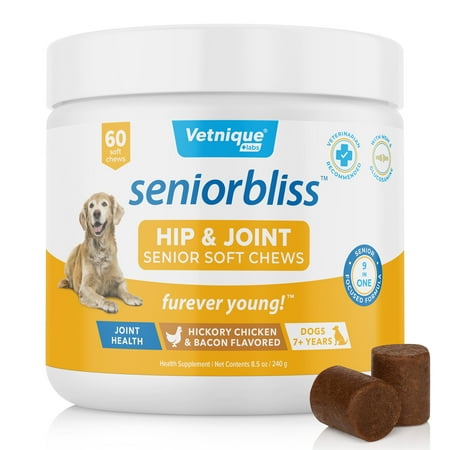 UPC: 0810082380231 | Seniorbliss Hip & Joint Dog Supplement for Senior Dogs by Vetnique Labs – Hickory Chicken Bacon Soft Chews 60ct