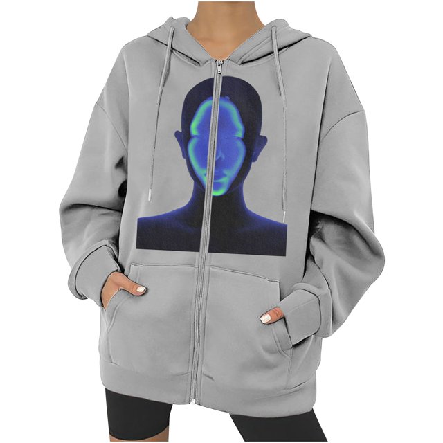 Chaqueta con capucha Punk suelta con cremallera y estampado de Halloween para mujer, abrigo, sudaderas con capucha, abrigo Pompotops qwe15510
