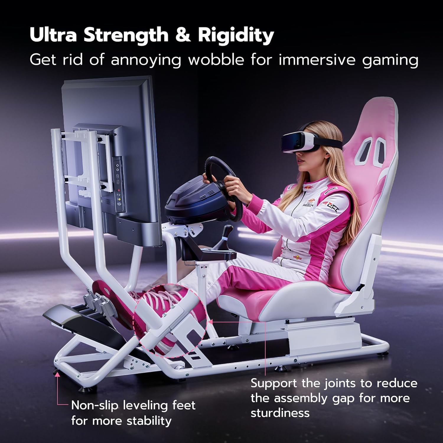 ARES WING Racing Simulator Cockpit with Seat and Monitor Mount, Adjustable Sim Racing Cockpit Compatible with Logitech, Thrustmaster, Fanatec, Moza, for PS5, PS4, Xbox and PC, Pink