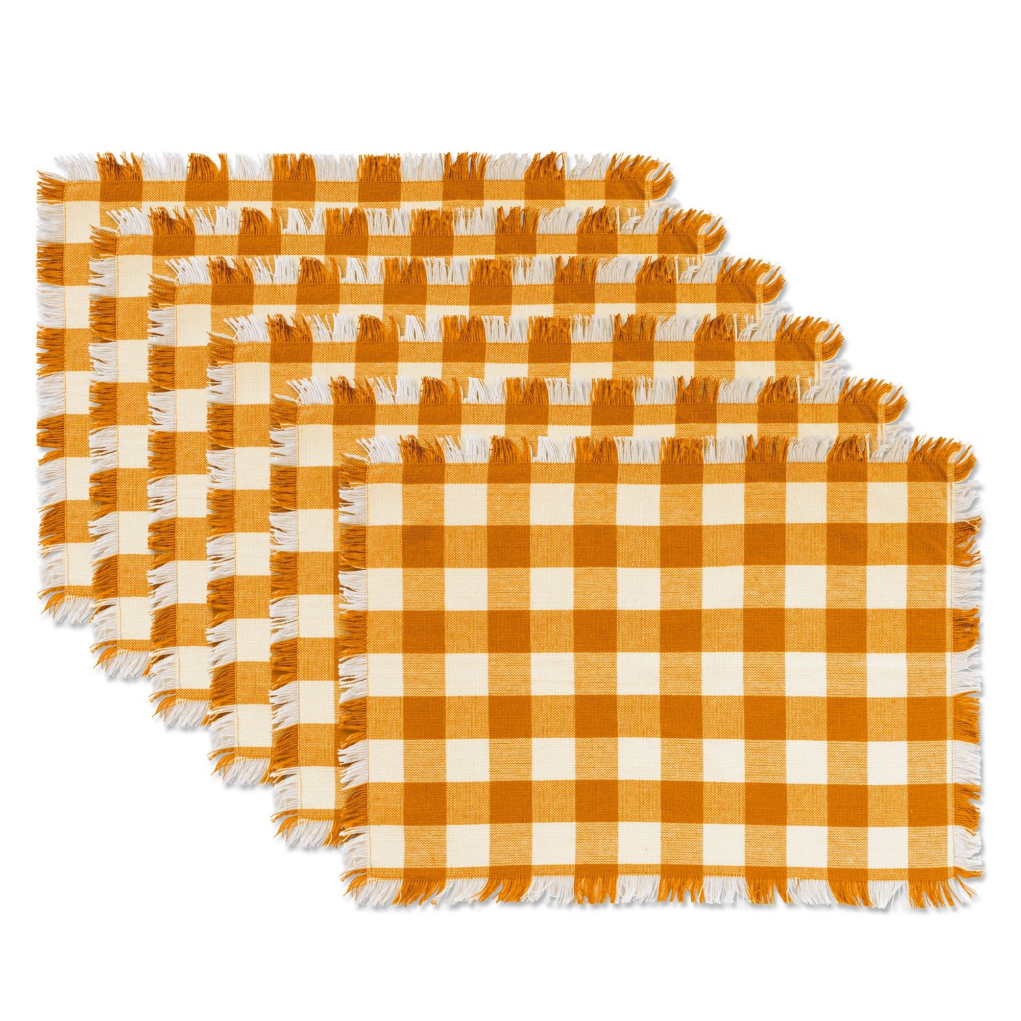 Set of 6 Mustard Yellow and White Heavyweight Check Fringed Placemats