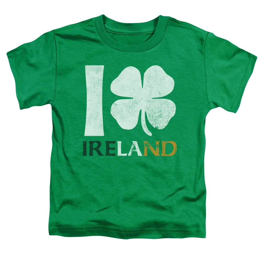 little boys green cotton shirt with white graphic of a four leaf clover and the words 'I love Ireland'