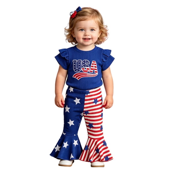 lnmuld Independence Day Toddler Girls 4th of July Outfit Set USA Embroidery Ruffle Sleeve Top and American Flag Flare Pants for Baby Girls Size:3-4 Years